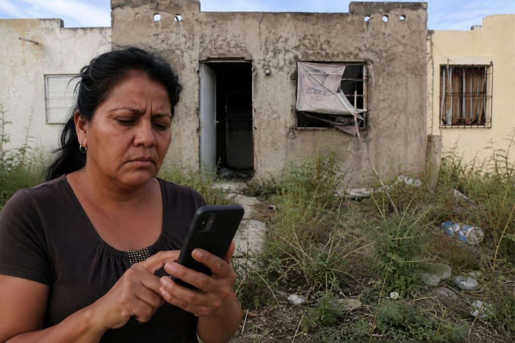 Mujer escribiendo por WhatsApp frente a su casa deteriorada para contar su caso a Mi Casa Solución