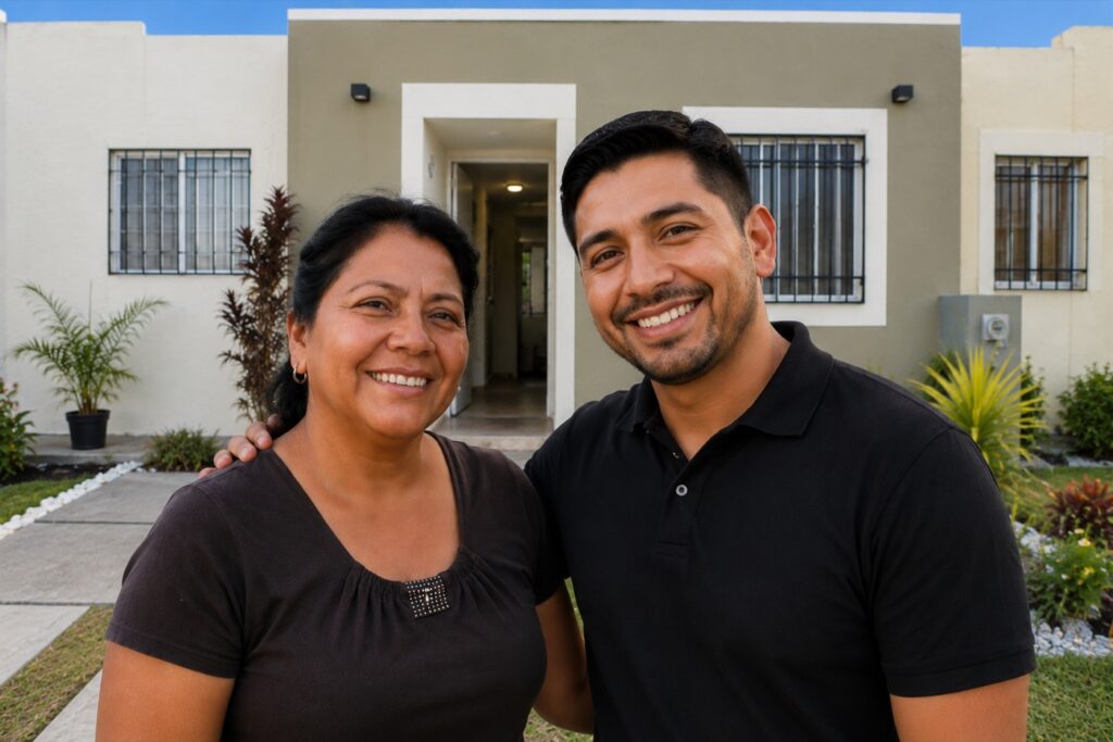 Madre e hijo frente a su nueva vivienda