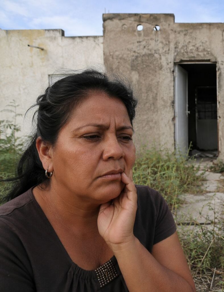 Mujer preocupada frente a su vivienda deteriorada en Guadalajara, evaluando qué hacer con su casa y su crédito